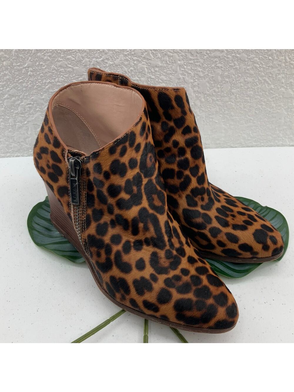 1.State Brown Animal Print Leopard Cow Hair Zip Wedge Heel Kaleb Ankle Boot Shoe